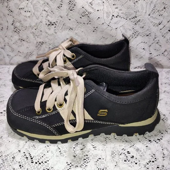 Skechers Women's 5.5 Casual Lace Up Sneakers Black Leather Beige - Picture 5 of 8